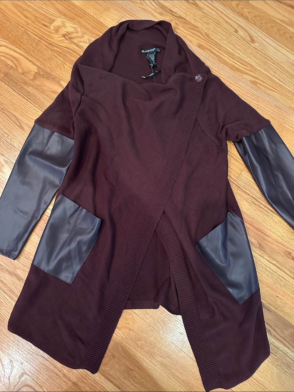 NWT Blanknyc Burgundy Open-Front Cardigan with Faux-Leather Panels Size L